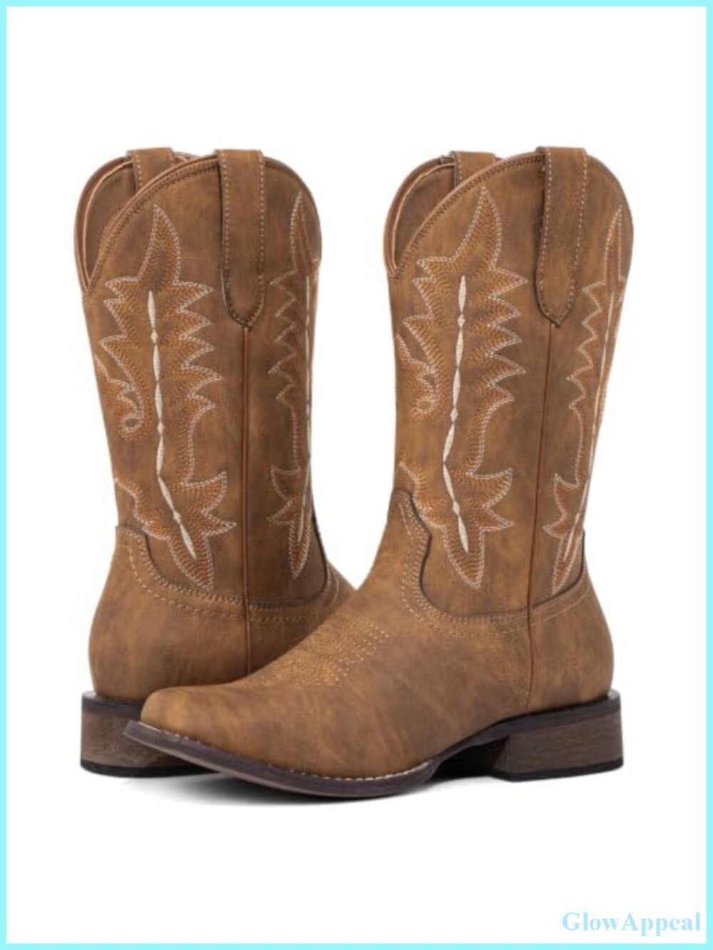 Wide Square Toe Cowboy Boots Block Heel Mid-Calf Western Faux Leather